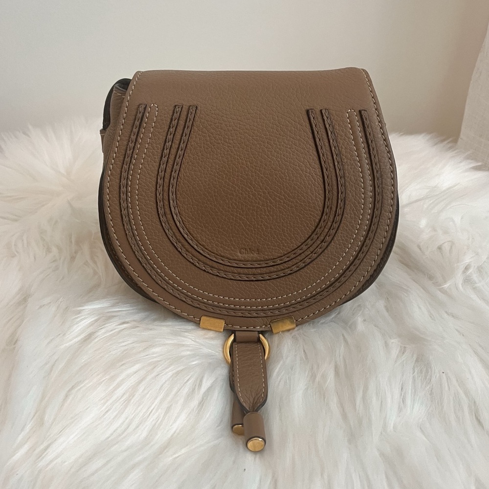 Authentic Small Marcie Saddle Crossbody Bag in Tan Leather